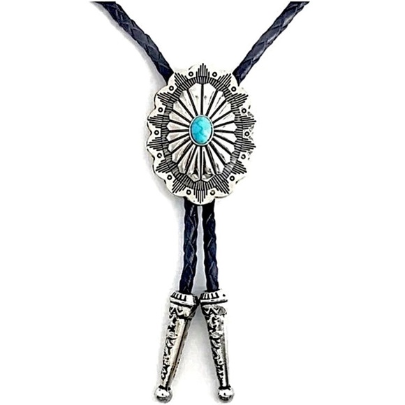 Other - Oval Navajo Style Silver & Turquoise Stone Bolo Cowboy Necktie Black Bootlace